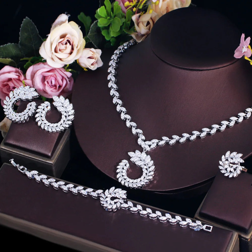 Design Olive Leaf Pretty White Cubic Zirconia Jewelry Sets for Women Wedding Banquet Bridal Party Wear - EUFASHIONBAGS