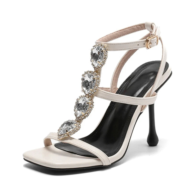 Fashion Design Diamond Chain Strap Sandal Women Street Sexy Square Open Toe Rhinestone High Heels Party Dress Shoes Silver