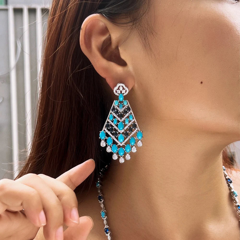 Luxury Chunky Blue Turquoise and White Cubic Zirconia Dangle Tassel Drop Long Party Wedding Earrings for Women - EUFASHIONBAGS