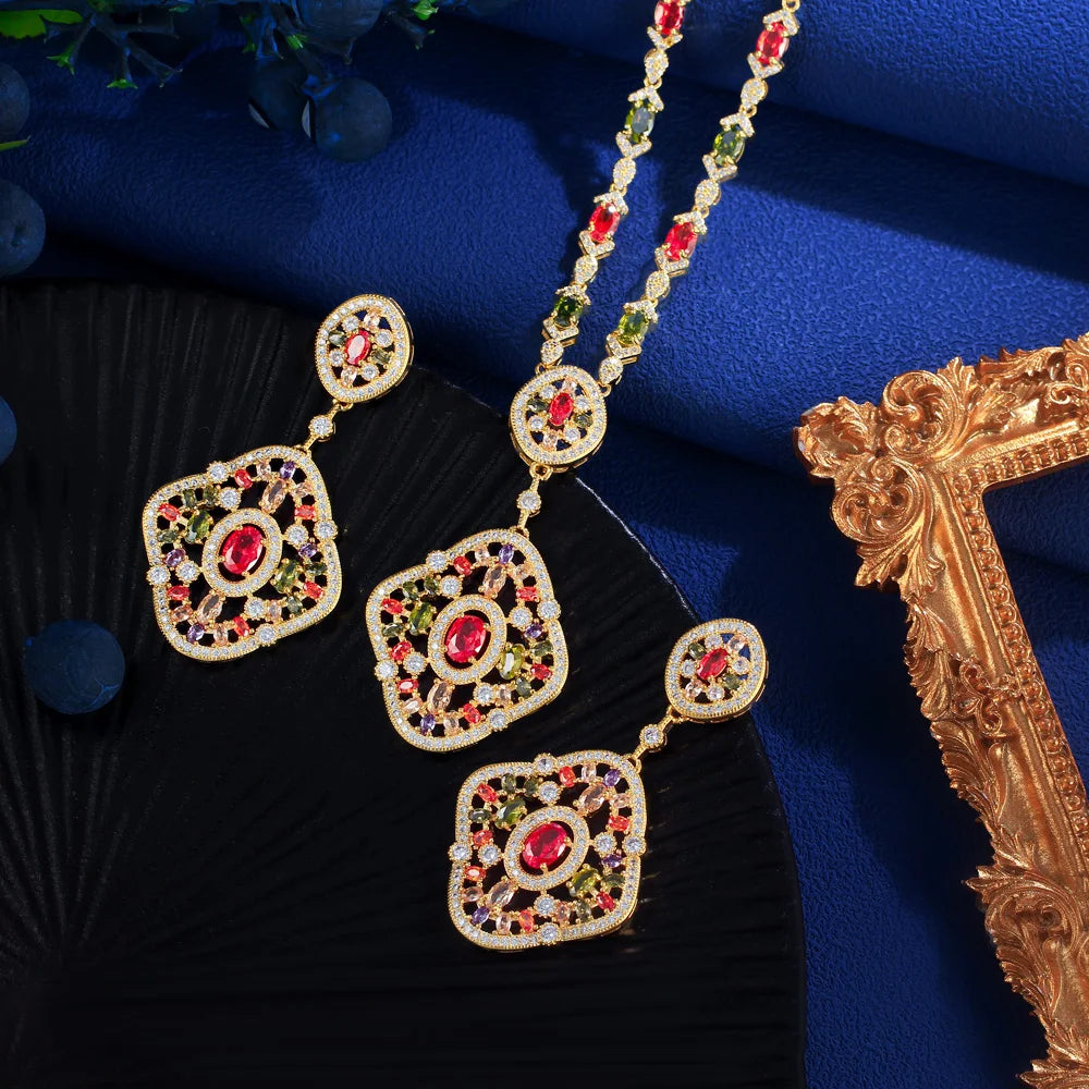 Luxury Multicolor Cubic Zirconia Long Necklace and Earring Dubai Gold Plated Bridal Wedding Party Jewelry Sets - EUFASHIONBAGS