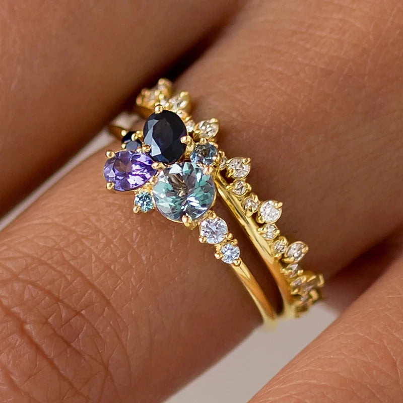 Unique Blue/Purple CZ Set Rings for Women Romantic Bridal Wedding Rings Marriage Ceremony Party New Trendy Jewelry Set - EUFASHIONBAGS