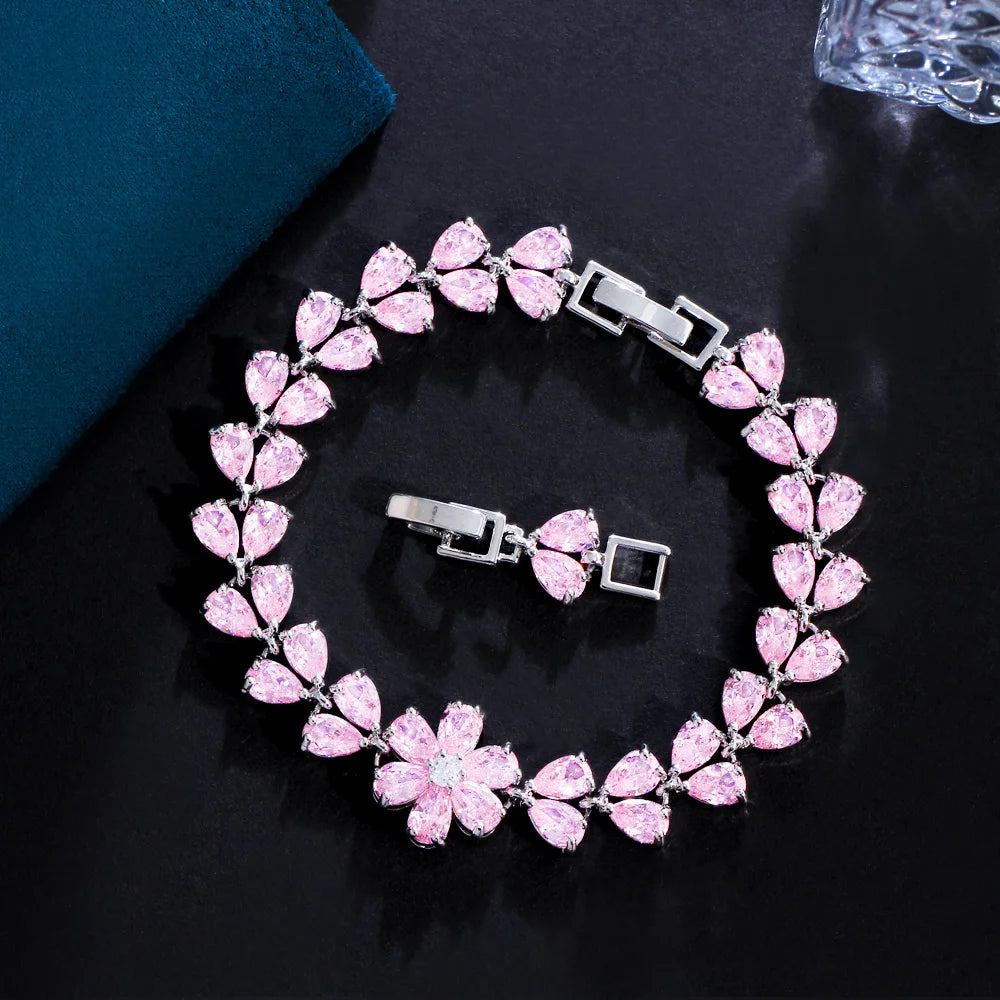 Delicate Flower Leaf Shape Cluster Pink Red Cubic Zirconia Crystal Link Chain Bracelets for Women Wedding Party