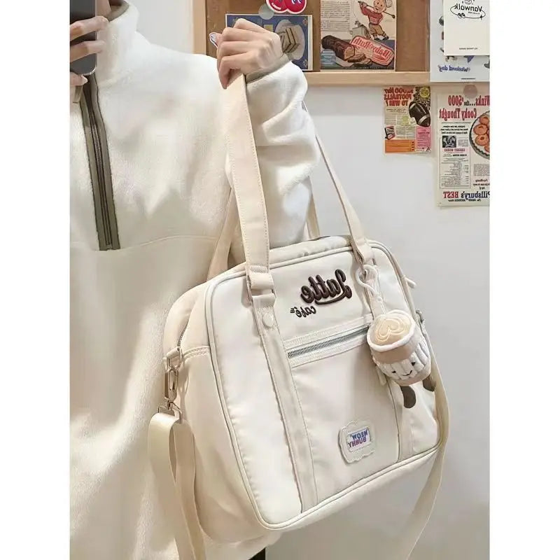 Vintage Casual Canvas Shoulder Bag Women Harajuku Aesthetic Zipper White Handbag Tote Bag Retro Crossbody Bags - EUFASHIONBAGS