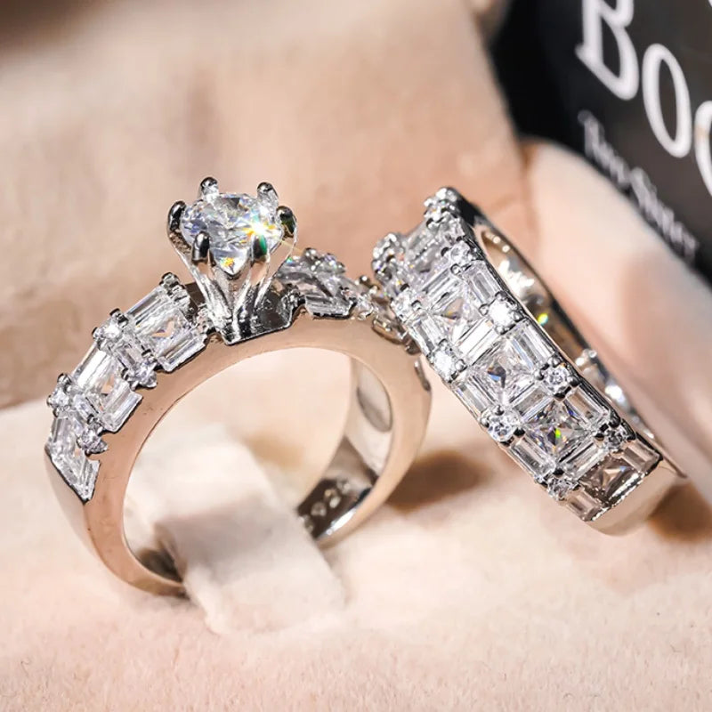 Opulent Sparkling 2Pcs Rings Set Charms Promise Wedding Band Jewelry  Delicate Attractive Accessories for Engagement