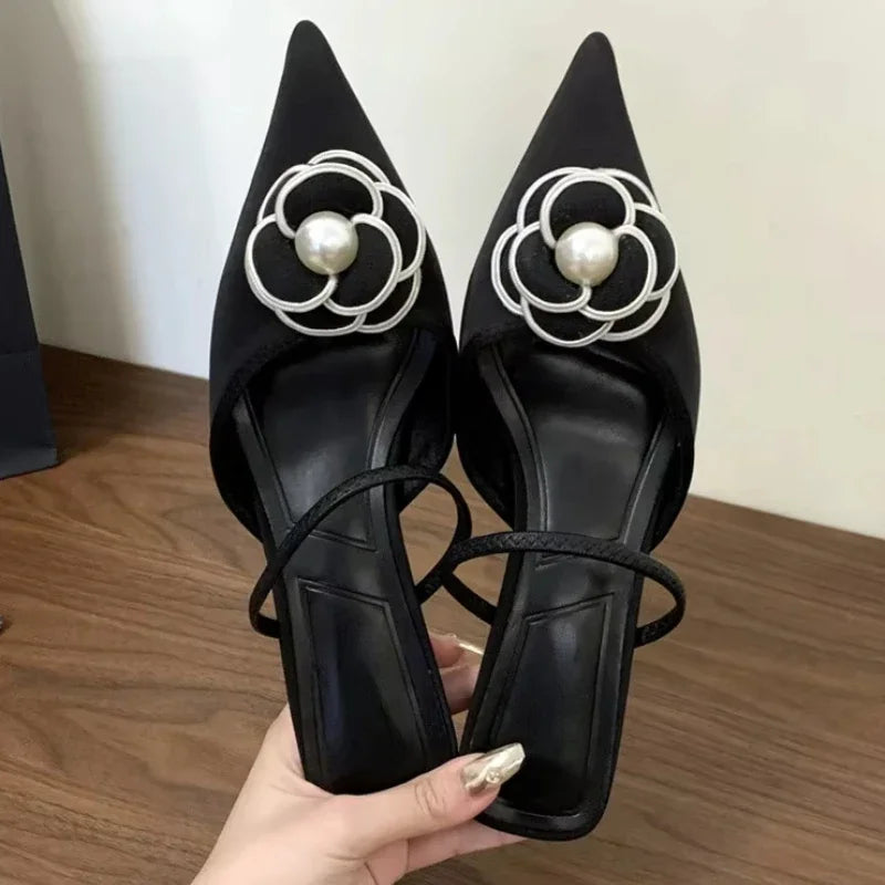 Flower Designer Brand Heeled Sandals Women Pointed Toe Pumps Female Elegant Dress Shoes Slides 2025 New Slippers Women Sandalias