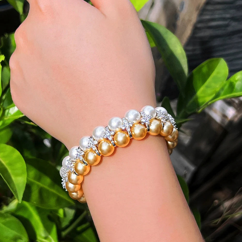 Luxury Double Layered Pearl with Cubic Zirconia Wide Big Wedding Engagement Party Bracelets for Women Jewelry - EUFASHIONBAGS