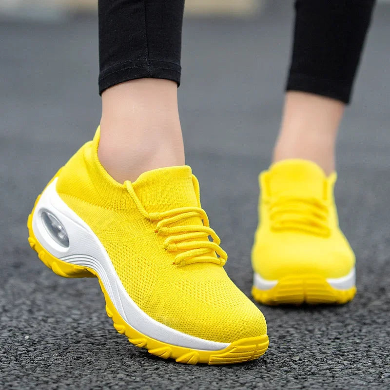 Women Tennis Shoes Air Cushion Red Sports Shoes High Heels Mesh Lace-up Female Sock Footwear Outdoor Thick Bottom Women Sneakers - EUFASHIONBAGS