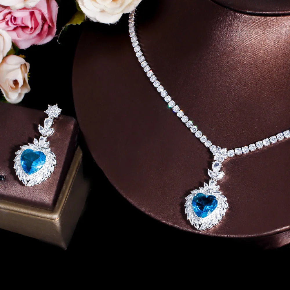 Light Ocean Blue Heart Shape CZ Crystal Necklace Earrings Jewelry Sets for Women Wedding Bridal Gift