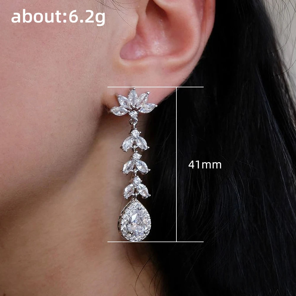 Luxury Silver Color Cubic Zirconia Hanging Earrings for Women Wedding Temperament Crystal Dangle Earrings Fashion Jewelry - EUFASHIONBAGS