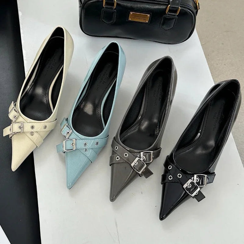 Belt Buckle Design High Heels Women Brand Women Shoes Shallow Classics Elegant Dress Shoes Fashion Pointed Toe Pumps Women