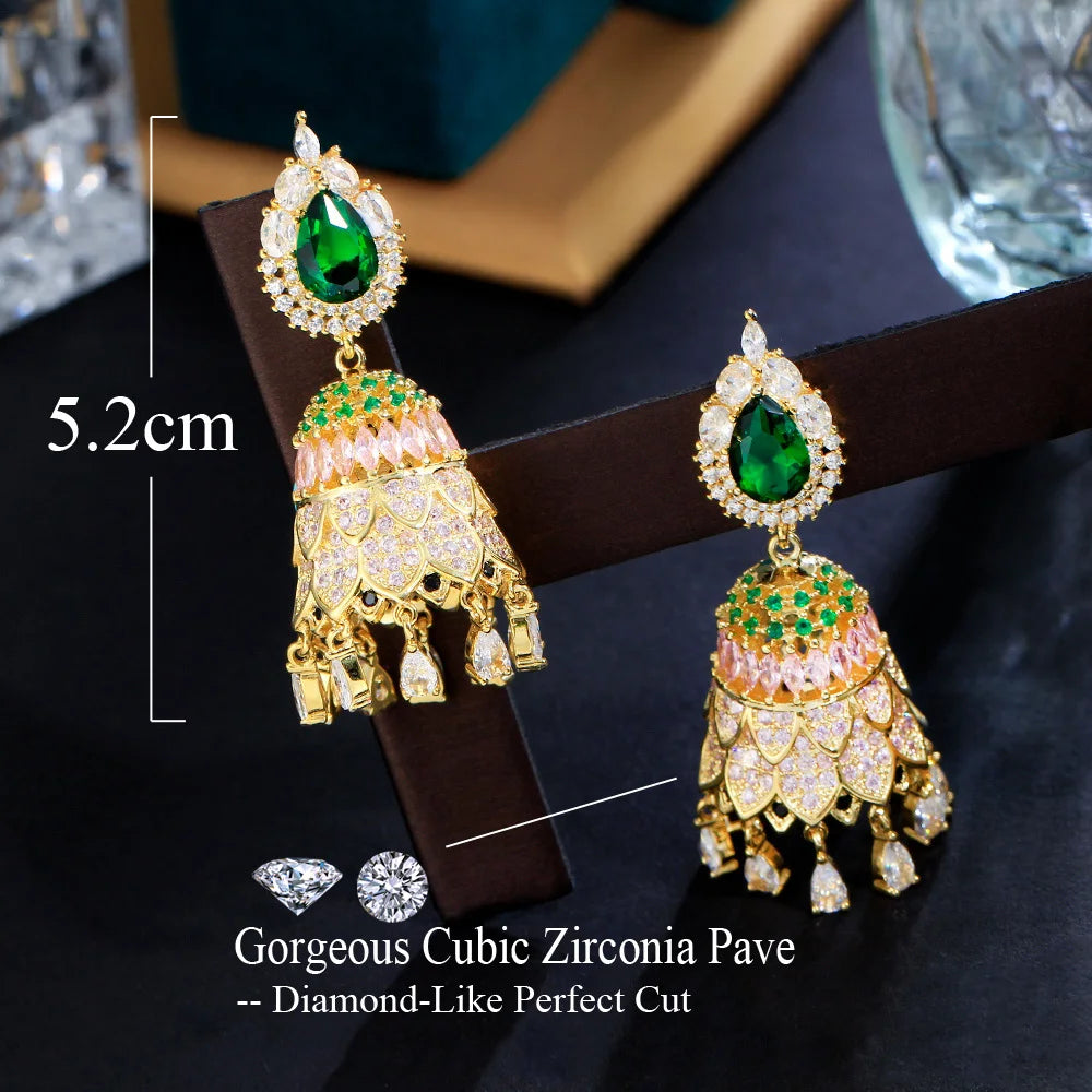 Top Shiny Royal Green Cubic Zirconia Paved Dangling Drop Fringed Earrings for Wedding Party Jhumka Jhumki Jewel - EUFASHIONBAGS