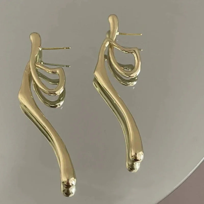 Modern Fashion Girls Metal Drop Earrings Long Irregular Shaped Gold Color Earrings Daily Wear Statement Jewelry for Women - EUFASHIONBAGS