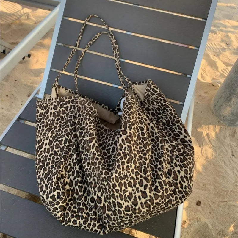 Vintage Leopard Print Tote Bag Handbag Women Retro Large Casual Shoulder Bags Female Harajuku Canvas Y2k Bags - EUFASHIONBAGS