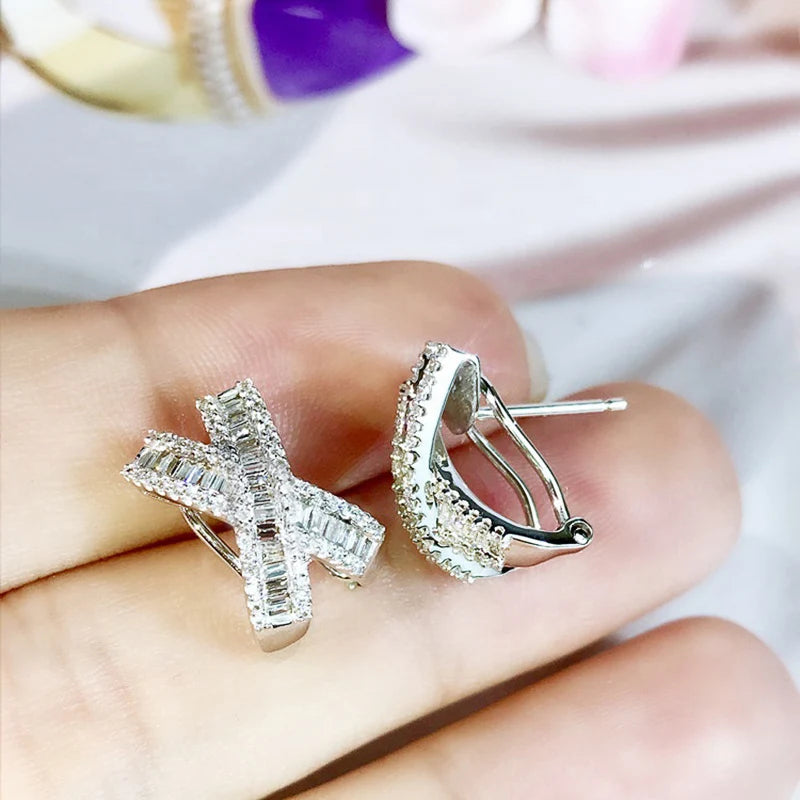 Fancy X Shaped Stud Earrings with Dazzling White Cubic Zirconia Luxury Earrings for Women Wedding Party Statement Jewelry - EUFASHIONBAGS