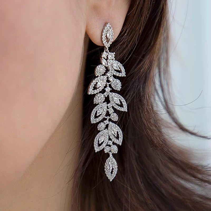 Aesthetic Leaf Shaped Long Hanging Earrings Women for Wedding Party Bling Bling Cubic Zirconia Luxury Trendy Jewelry New - EUFASHIONBAGS