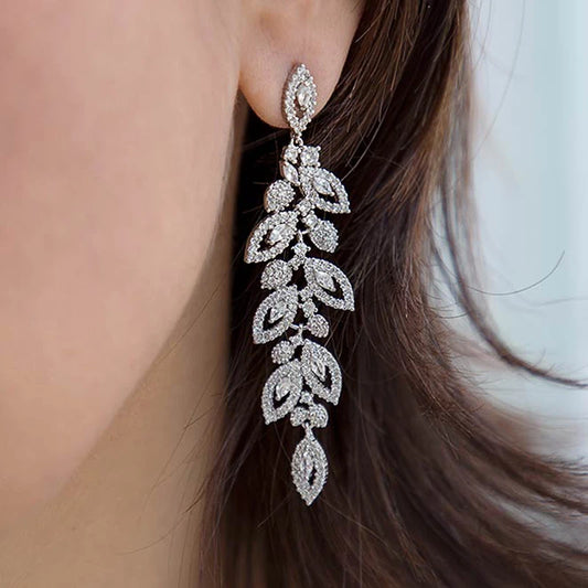 Aesthetic Leaf Shaped Long Hanging Earrings Women for Wedding Party Bling Bling Cubic Zirconia Luxury Trendy Jewelry New