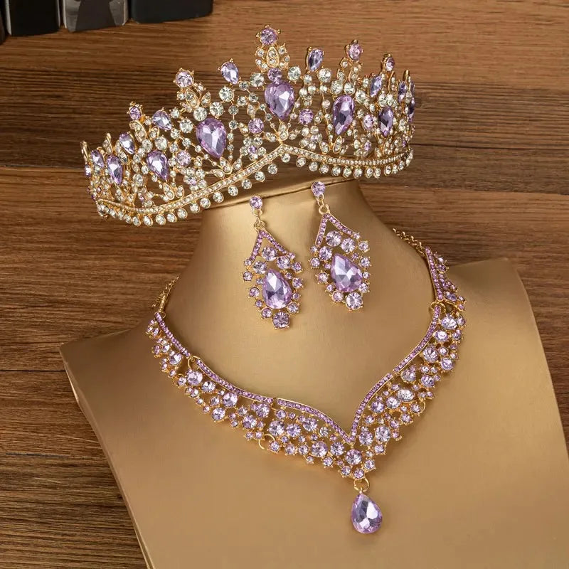 Baroque Crystal Water Drop Bridal Jewelry Sets Rhinestone Tiaras Crown Necklace Earrings for Bride Wedding Dubai Jewelry Set - EUFASHIONBAGS