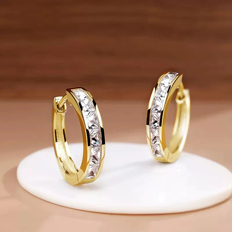 Classic Design Women Hoop Earrings Full with Princess Square CZ Simple and Elegant Female Accessories Versatile Jewelry