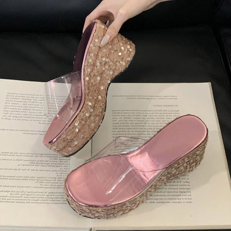 New Fashion Sequined Platform Wedges Slippers Women Open Toe PVC Transparent Sandals Female Shoes High Heels Zapatos Mujer - EUFASHIONBAGS