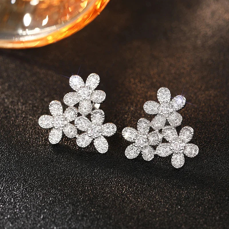 Beautiful Flowers Stud Earrings with Shiny Cubic Zirconia Graceful Exquisite Sweet Accessories Trendy Wedding Jewelry Hot - EUFASHIONBAGS