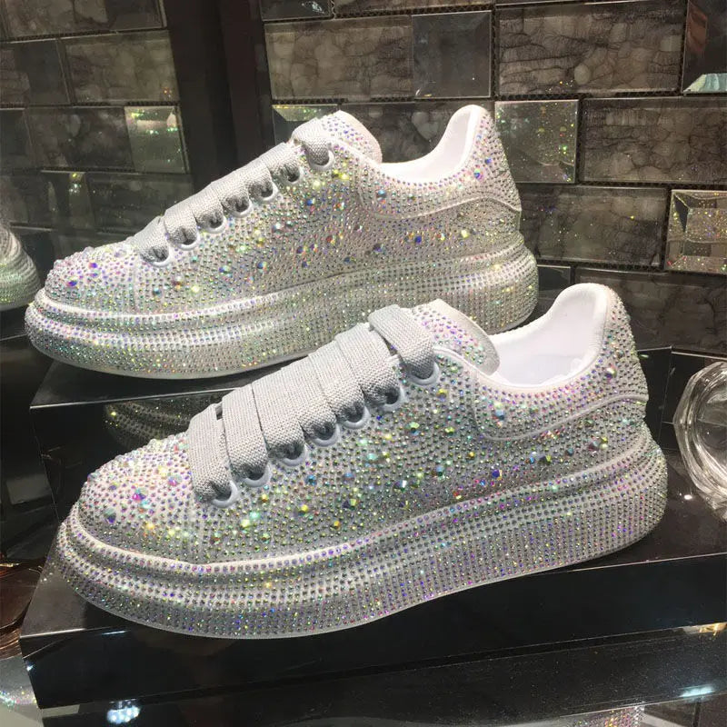 Autumn Women Platform Shoes crystal Thick-soled White Silver Shoes Shining Crystal Sneakers Trend Casual Sneakers - EUFASHIONBAGS