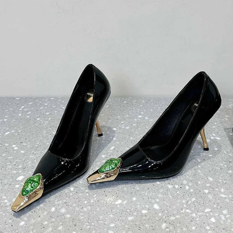 Fashion Gem Metal Pointed Toe Slingback High Heels Wedding Banquet Shoes Patent Leather Women Pumps Stilettos Mujer - EUFASHIONBAGS