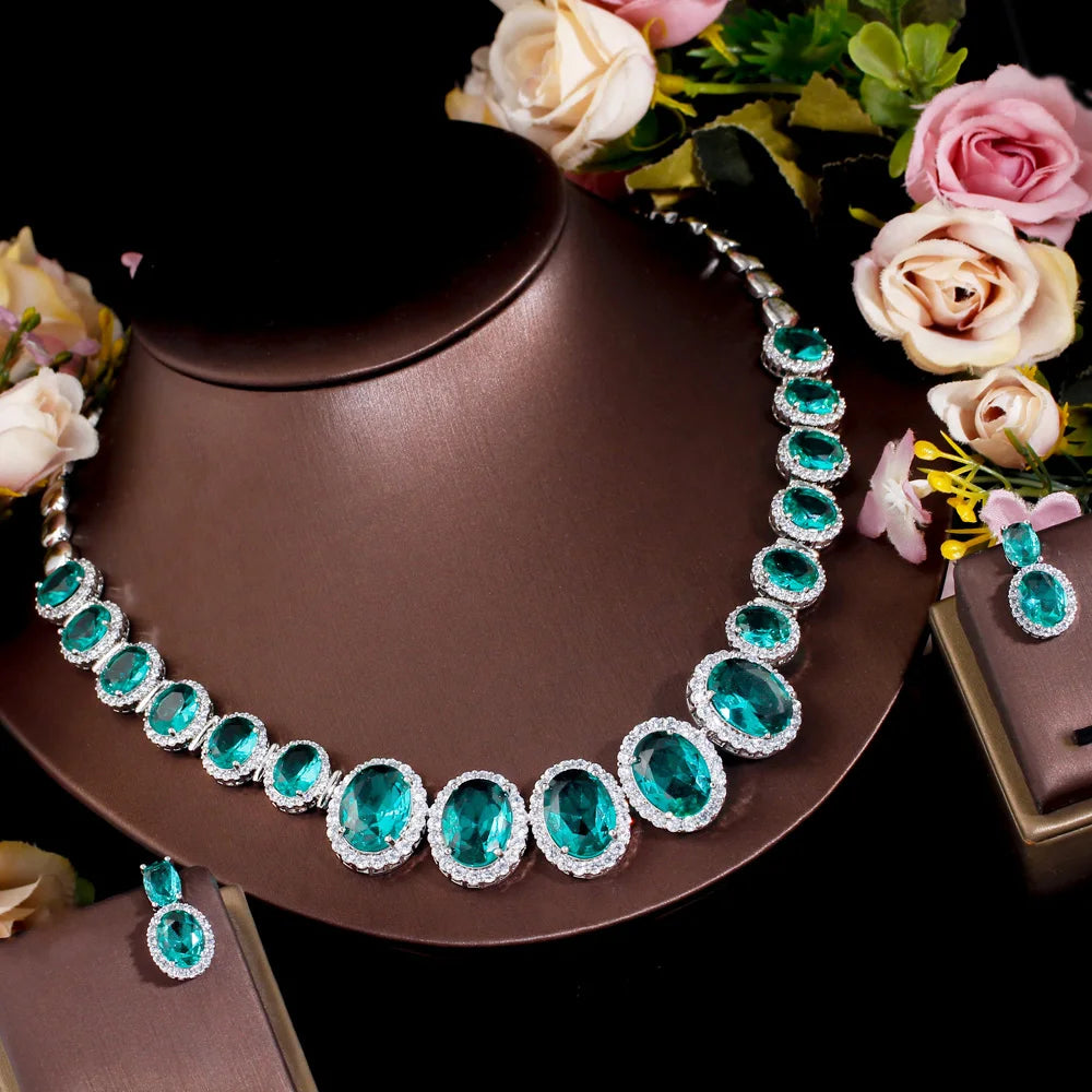 Chic Big Oval Round Light Green Cubic Zirconia Necklace Women Party Wear Wedding Costume Jewelry Sets for Brides T646