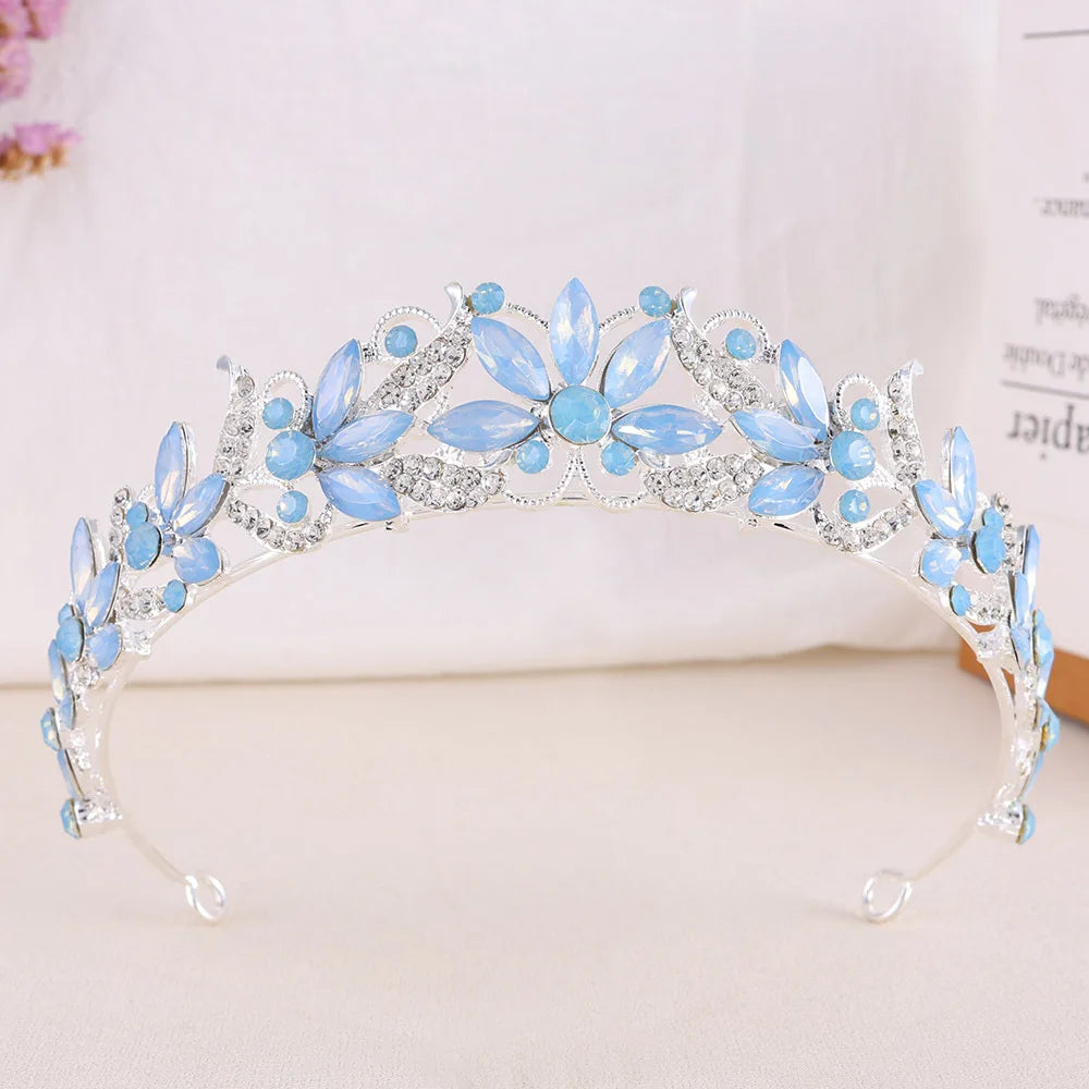 Baroque Opal Leaf Wedding Hair Tiara Crystal Bridal Tiara Crown Silver Color Diadem Veil Tiaras Bride Hair Accessories Headpiece - EUFASHIONBAGS