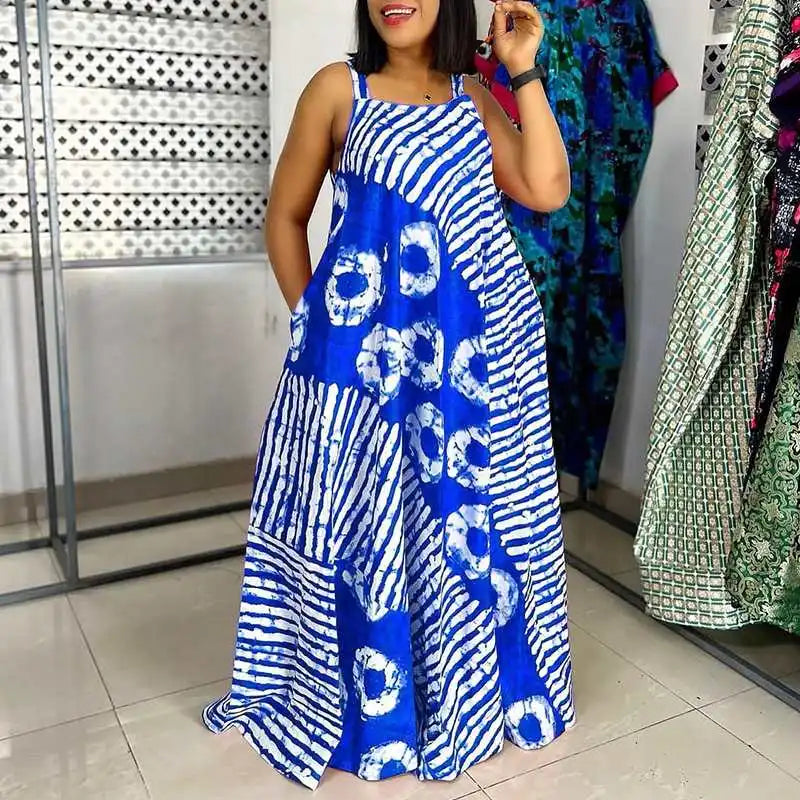 Plus Size 5XL Bohemian Printed Maxi Dress Summer Sleeveless Party Beach Sundress Tank Long Vestido Casual Loose Robe - EUFASHIONBAGS