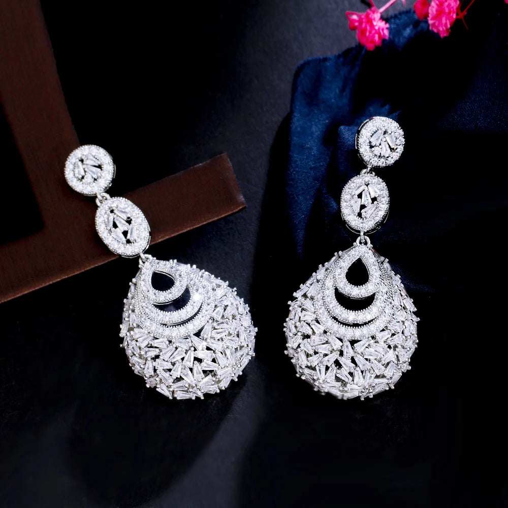 Multiple Clear White Water Drop Cubic Zircon Dangly Long Women Wedding Pageant Earrings for Brides Accessories - EUFASHIONBAGS