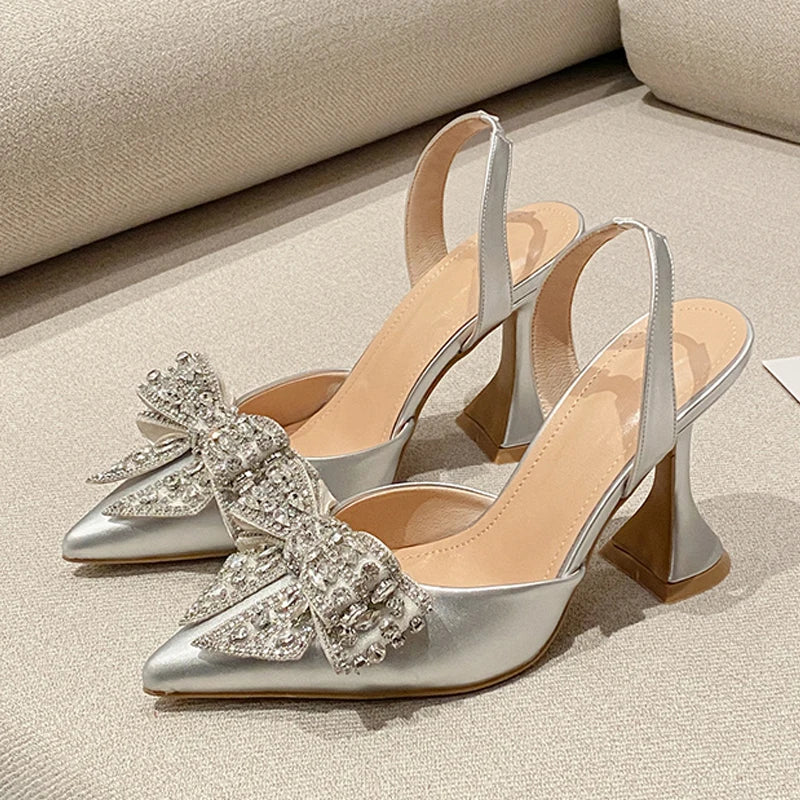 Fashion Sequined Crystal Bowknot Women Pumps Sexy Pointed Toe Red High Heels Wedding Banquet Shoes Ladies Slingback Sandal