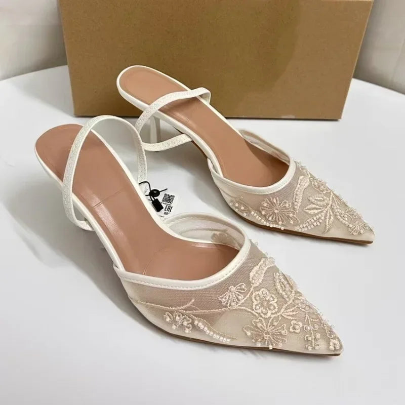 Brand Designer White Women Wedding Pumps Mesh Embroidered Flowers Back Strap Sexy Slingback High Heel Dress Shoes for Ladies