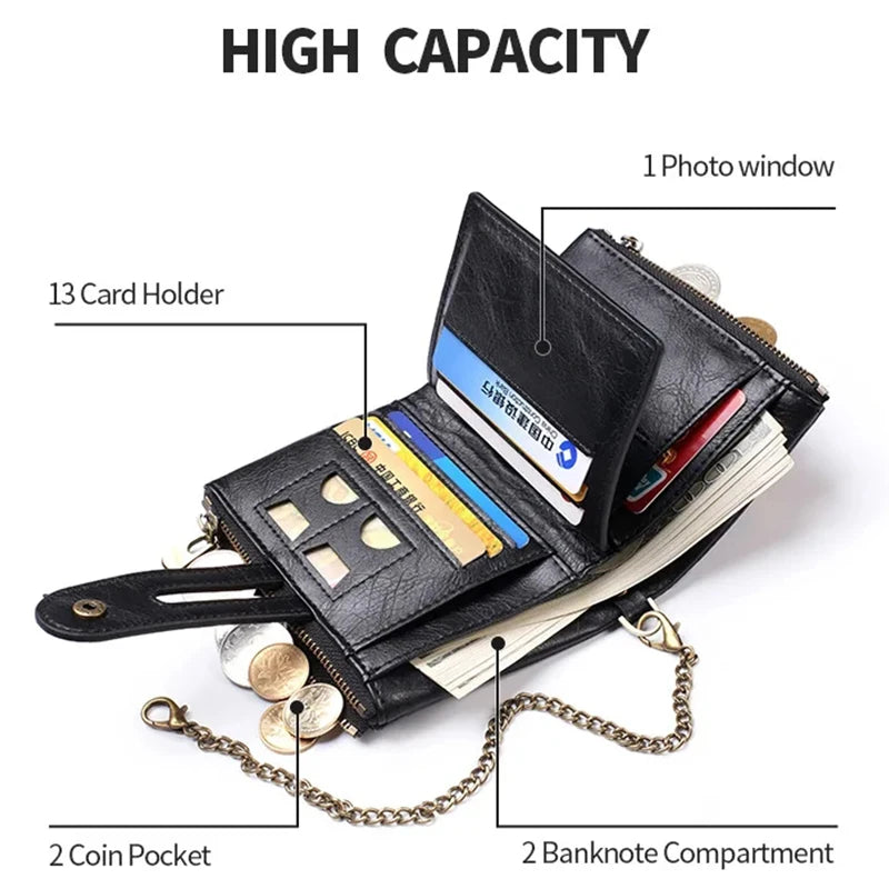 Men's Wallets New PU Leather Zipper Pocket Multifunctional Anti Theft Chain Credit Card Holder Coin Storage Bag Retro Wallet