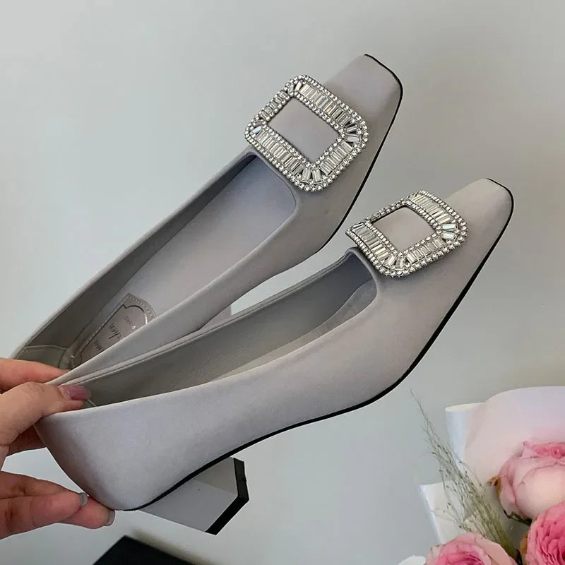 Fashion Chunky Mary Jane Shoes Women Rhinestone Square Button Shallow Elegant High Heel Dress Shoes Comfy Square Toe Pumps Women