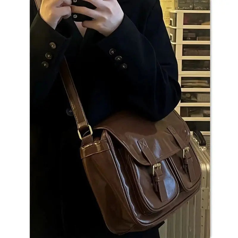 Large  Brown Messenger Bag Women Vintage Soft Chic Pu Leather Handbag Female Harajuku Casual Crossbody Bags New