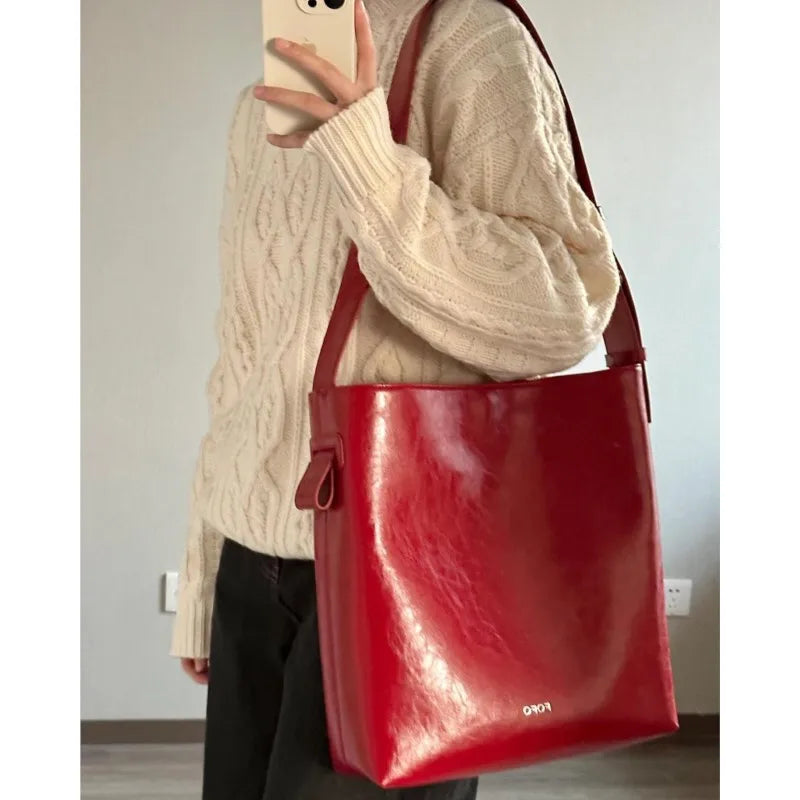 Vintage Red Tote Bag Purse Women High Street Leather Large Casual Crossbody Bags Female Retro Messenger Bag Y2k - EUFASHIONBAGS