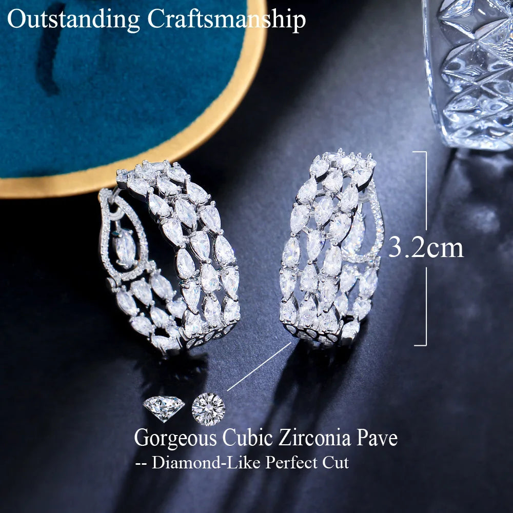 Clear White Double Sided CZ Paved Triple Round Big Chunky Hoop Earrings for Women Luxury Wedding Party Jewerly