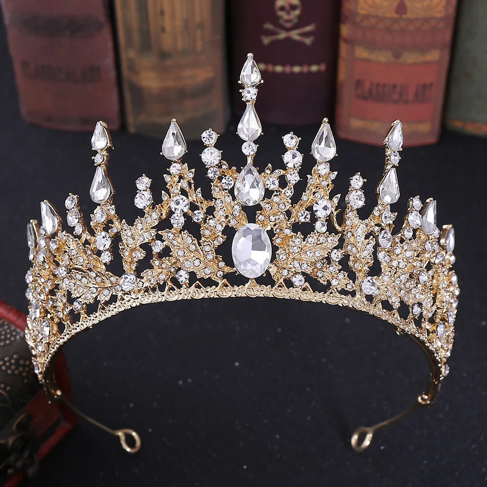 Baroque Korean Gold Color Crystal Crown Hair Accessories Luxury Rhinestone Tiara For Women Wedding Headdress Bridal Hair Jewelry