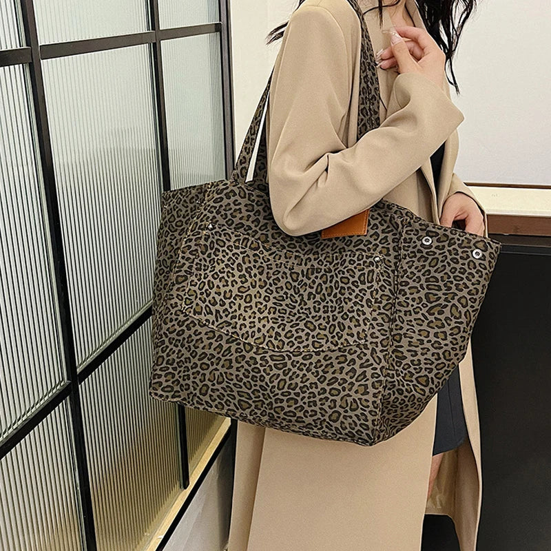 Fashion Shoulder Cloth Bag Large Capacity Personality Trend Leopard Print Tote Bag Daily Shopping Work Commuting Bag - EUFASHIONBAGS