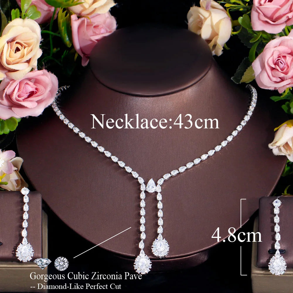 Dangly Long Water Drop Cubic Zircon Bridal Party Necklace Earring Wedding Jewelry Set for Women - EUFASHIONBAGS