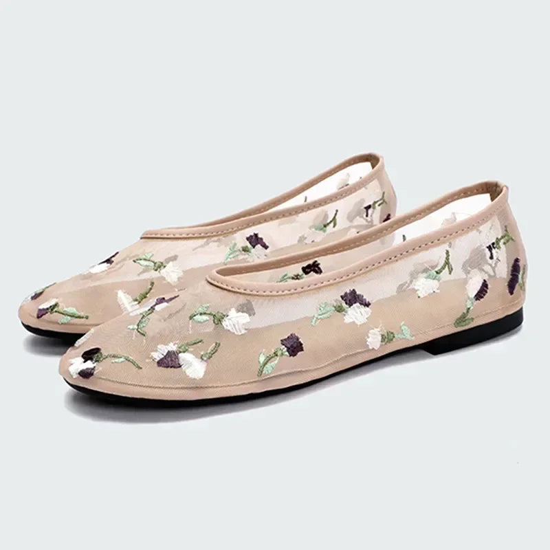 Embroidered Flowers Mesh Ballet Flats Summer Light Hollow Breathable Designer Mary Jane Shoes Women Soft Sole Brand Mules Shoe