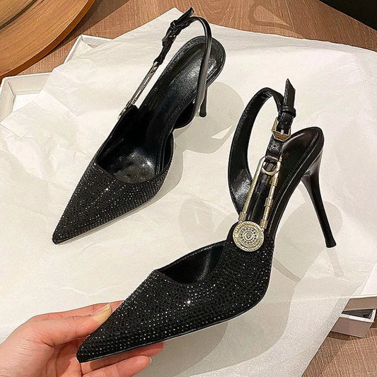 Luxury Rhinestone Sexy Pointed Toe High Heels Women Metal Buckle Shallow Elegant Banquet Party Shoes Mules Pumps Sandals Female