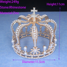 Carica l&#39;immagine nel visualizzatore di Gallery, Pearl Royal Queen King Tiara Crowns Men/Women Pageant Prom Crystal Cross Diadem Hair Ornaments Wedding Hair Jewelry Accessories