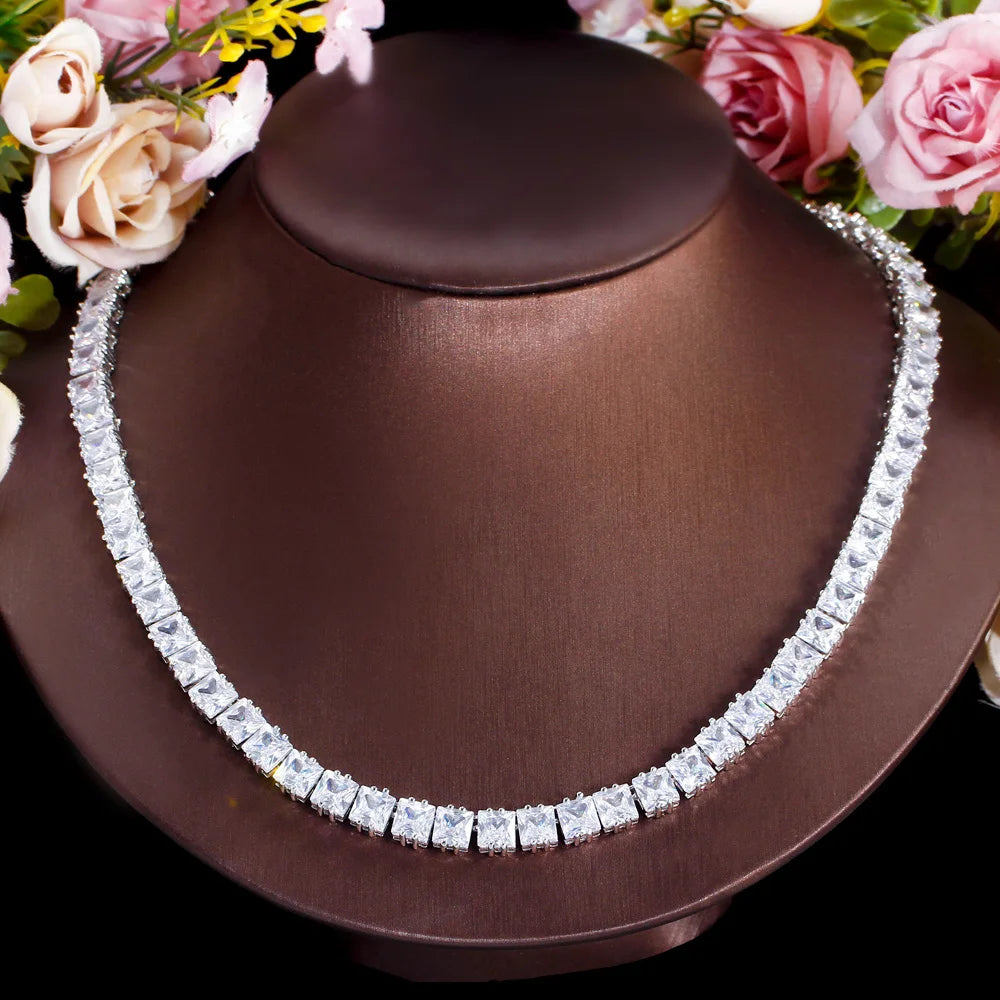 Sparkling White Cubic Zirconia Setting Chic Tennis Link Chain Wedding Bridal Party Choker Necklace for Women