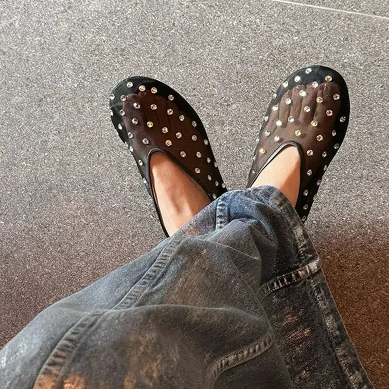 Rhinestone Rivet Luxury Design Mesh Flats Sandals Women Light Breathable Elegant Comfy Mules Shoes Fashion Loafers Ballet Shoes