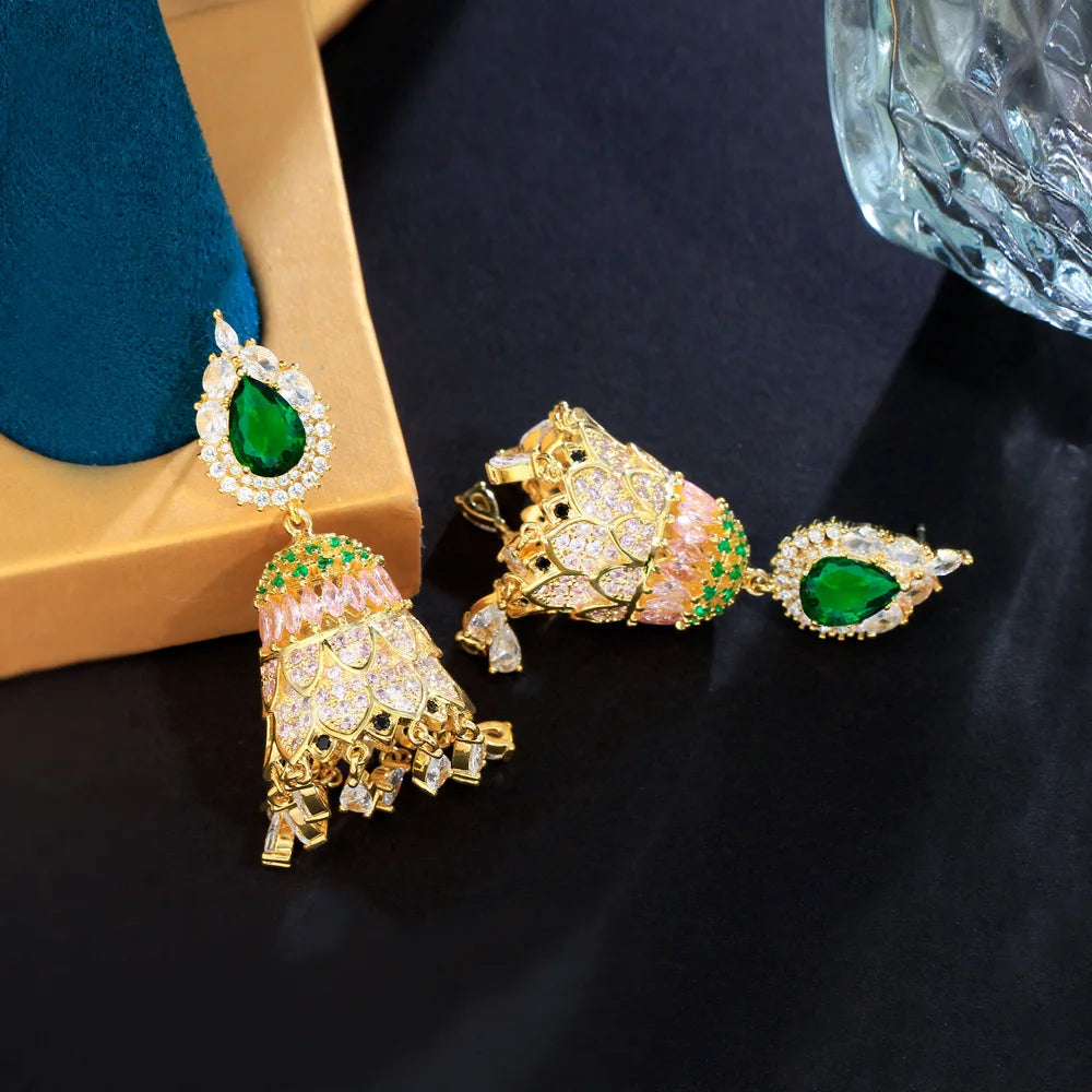 Top Shiny Royal Green Cubic Zirconia Paved Dangling Drop Fringed Earrings for Wedding Party Jhumka Jhumki Jewel - EUFASHIONBAGS