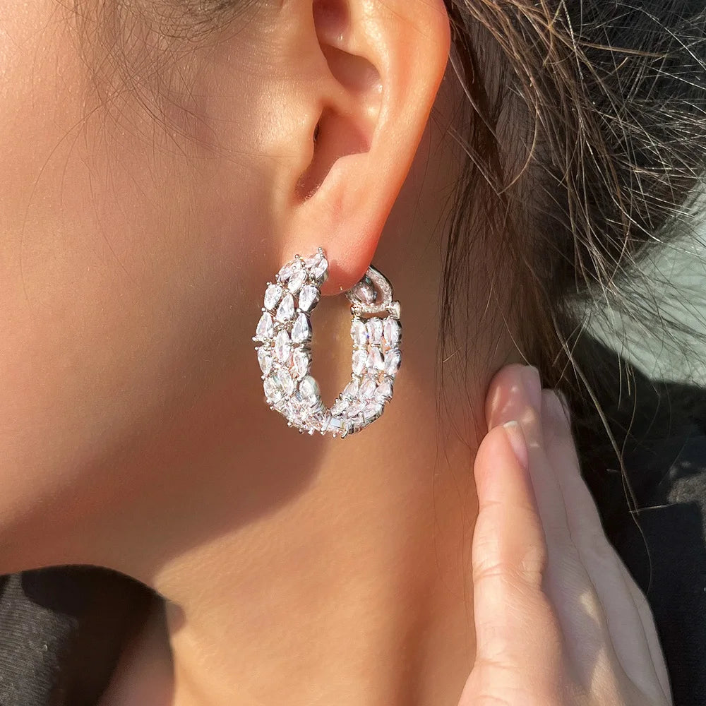 Clear White Double Sided CZ Paved Triple Round Big Chunky Hoop Earrings for Women Luxury Wedding Party Jewerly - EUFASHIONBAGS