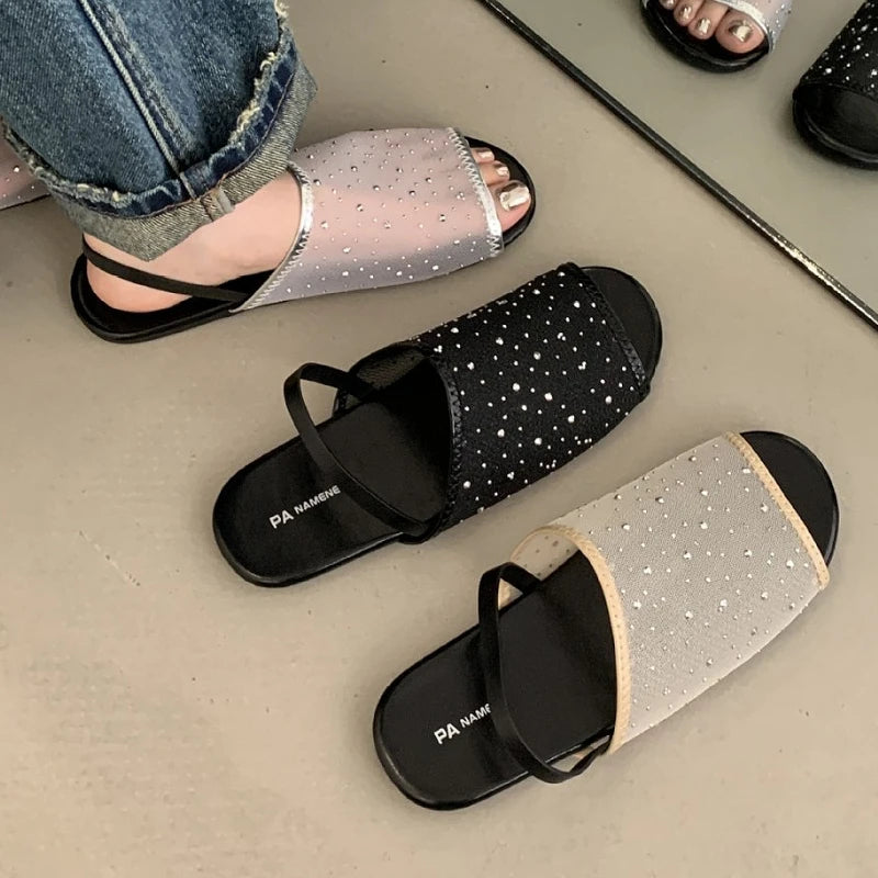 Mesh Rhinestone Flat Sandals Ladies Breathable Summer 2025 NEW Open Toe Slides Female Comfy Fashion Brand Design Slippers Women