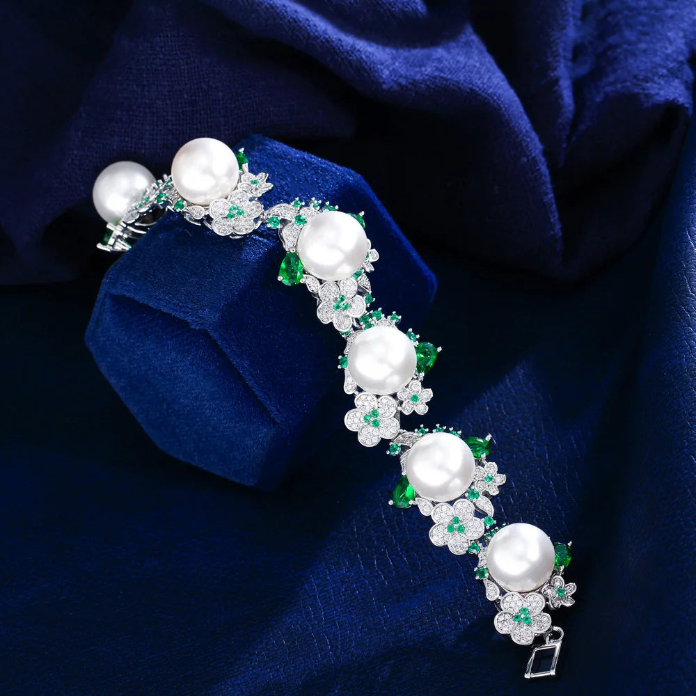 Luxury Green Cubic Zirconia Cluster Flower Wedding Engagement Bridal Big Pearl Bracelets for Women - EUFASHIONBAGS