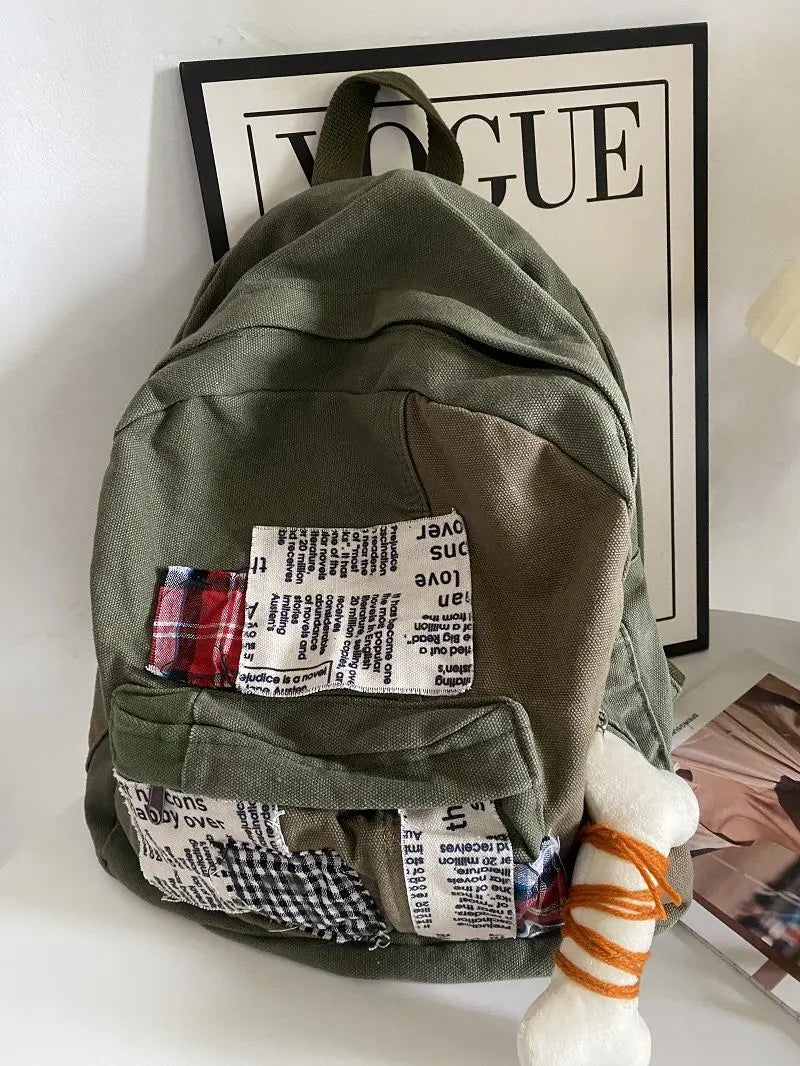 Y2k Grunge Green Backpack Women Harajuku Patchwork Canvas School Bag Backpacks Vintage Casual Mochila Aesthetic - EUFASHIONBAGS